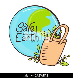 Borsa Eco disegnati a mano in stile scarabocchi. Stile eco. Assenza di plastica. Rifiuti Zero concetto illustrazione. Salvare la terra per motivare la frase Illustrazione Vettoriale