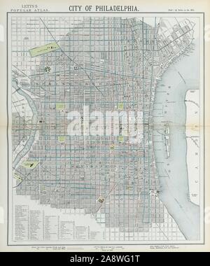 PHILADELPHIA città antica città mappa piano. Le linee di tram. LETTS 1883 vecchio Foto Stock