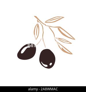 Stilizzata olive branch silhouette con olive nere e foglie. Icona vettore illustrazione, schizzo elemento di design per le etichette o per il confezionamento Illustrazione Vettoriale