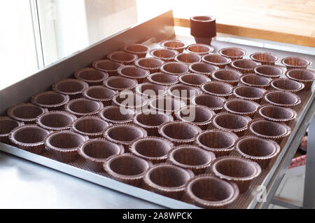 Forme per muffin e muffin. Produzione di muffin nell'industria dolciaria, sfondo, spazio copia, pasticceria Foto Stock