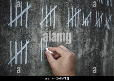 Calcolo dei giorni in prigione - righe manoscritte di gesso bianco Foto Stock