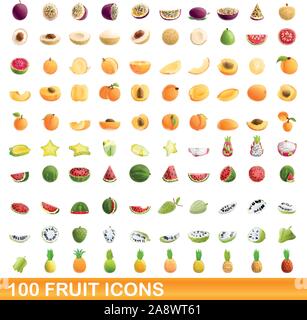 100 frutta set di icone. Cartoon illustrazione di 100 frutti icone set di vettore isolato su sfondo bianco Illustrazione Vettoriale