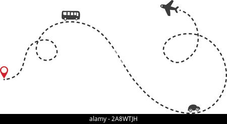 Più modi di trasporto sul percorso. Volo in aeroplano percorso con linea tratteggiata e con linea tratteggiata il tracciato. Bus, aereo e auto a icone. Illustrazione Vettoriale