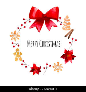 Corona di Natale acquerello con arco rosso su sfondo bianco Foto Stock