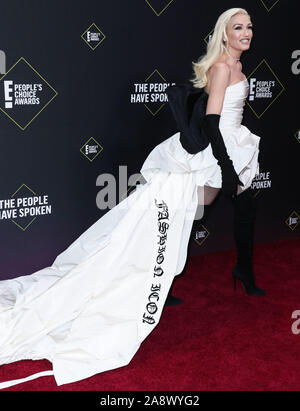 Cantante Gwen Stefani indossa Vera Wang arriva al 2019 E! People's Choice Awards tenutosi a Barker Hangar su Novembre 10, 2019 in Santa Monica, Los Angeles, California, USA. (Foto di Xavier COLLIN/Image Press Agency) Foto Stock