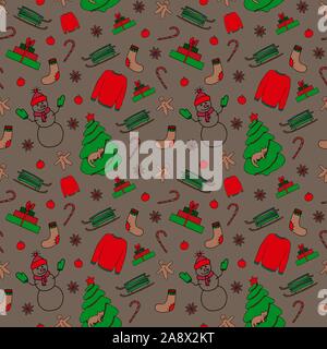 Inverno Natale seamless pattern. Disegno a mano bozzetti su sfondo marrone. Immagine può essere utilizzato nei periodi di Natale e Anno Nuovo biglietti di auguri, poster, volantini, banner, logo ecc. Illustrazione Vettoriale. EPS10 Illustrazione Vettoriale