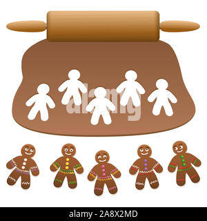Gingerbread Man Group. Lebkuchen di pasta di legno con il mattarello e tagliare fuori gingerbread cookie - illustrazione su sfondo bianco. Foto Stock