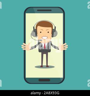 Sorridente operatore maschio con cuffia parlando dallo schermo di un telefono intelligente. Illustrazione Vettoriale