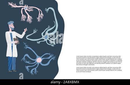 Scienze Cognitive banner modelli. Cellule di neuroni con lunghi assoni e scienziato. Vector illustartion. Illustrazione Vettoriale