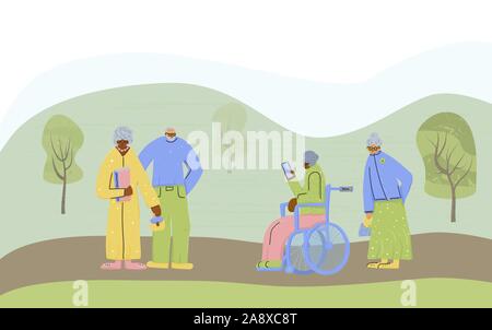 Personale senior presso il parco. Diverse persone in pensione a piedi. Vettore illustrazione piana. Illustrazione Vettoriale