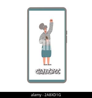Concetto di sfida. Social media flashmob. Carino donna con microfono in piedi nella schermata telefono. Illustrazione Vettoriale. Illustrazione Vettoriale