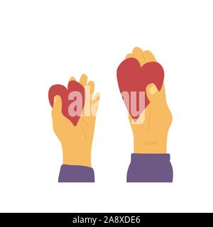 Concetto di volontari. Due mani con cuori. Illustrazione Vettoriale. Illustrazione Vettoriale