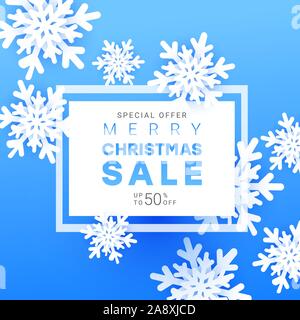 Buon Natale e felice Anno Nuovo Vendita banner con fiocchi di neve volumetrica, il telaio e il testo su un gradiente blu sullo sfondo Illustrazione Vettoriale