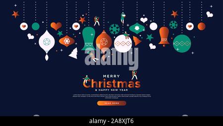 Buon Natale landing page web design template per il festoso evento online o vendita d'inverno. Cartoon carino piccolo popolo giocando in vacanza ninnolo ornamento Illustrazione Vettoriale