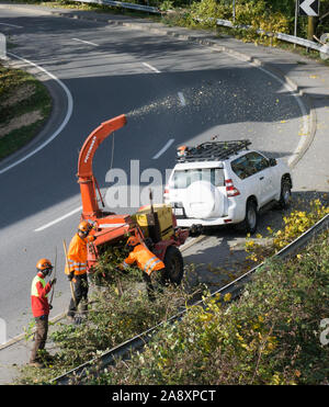 Maienfeld, GR / Svizzera - 11 Novembre 2019: città equipaggio di manutenzione con una cippatrice e shredder chiara e pulita spallamento stradale della vegetazione Foto Stock