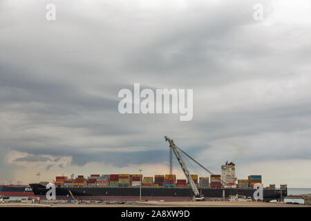 LIVORNO, Italia - Luglio 12, 2019: nave da carico con container nel porto di Livorno il morsetto all'alba. Livorno è una città portuale sul Mar Ligure sulla western Foto Stock
