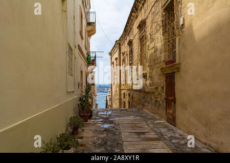 Strada stretta in Senglea con vasi di fiori e mare Foto Stock