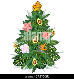 Natale tropicale. foglie di palmo e fiocchi di neve. Modello per i biglietti e inviti per le feste Illustrazione Vettoriale