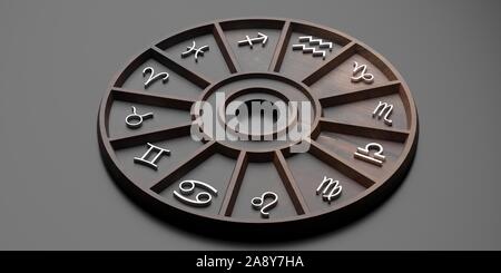 Astrologia e oroscopi concetto. Astrologiche segni zodiacali ruota di legno su sfondo nero. 3d illustrazione Foto Stock