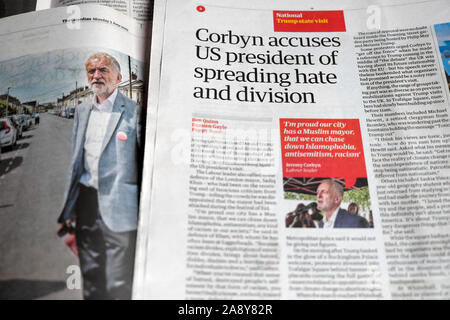"Corbyn ci accusa il presidente di diffusione di odio e divisione' titoli di giornale in The Guardian il 4 giugno 2019 in Londra England Regno Unito Foto Stock