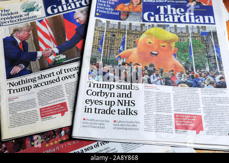 "Trump snobba Corbyn e gli occhi di NHS in colloqui sugli scambi' giornale pagina anteriore in primo piano articolo del Guardian in visita a Londra England Regno Unito Giugno 2019 Foto Stock