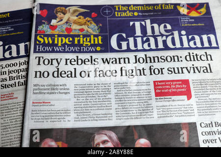 "Tory ribelli avvertire Johnson: fossa nessuna trattativa o affrontare la lotta per la sopravvivenza " titolo di giornale in The Guardian Londra Inghilterra 23 luglio 2019 REGNO UNITO Foto Stock