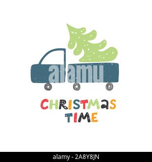 Il tempo di Natale biglietto di auguri. Auto con albero di Natale. Illustrazione Vettoriale per bambini Illustrazione Vettoriale