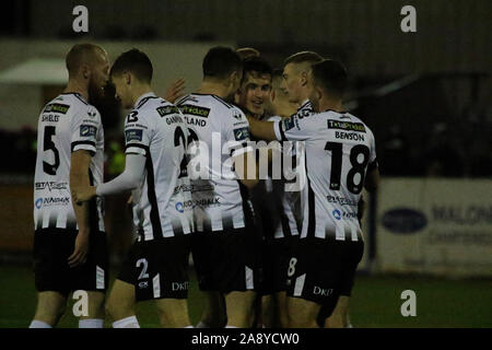 Oriel Park, Dundalk County Louth, Irlanda. 11 novembre 2019. UNITE l'Unione Champions Cup (seconda gamba)- Dundalk v Linfield (blu). Azione da questa sera la seconda gamba a Dundalk. 3-0 Dundalk goalscorer Jamie McGrath. Credito: David Hunter/Alamy Live News. Foto Stock