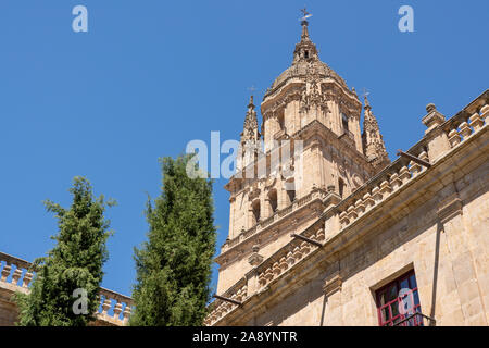 Vista esterna del campanile e intagli sul tetto della vecchia cattedrale di Salamanca Foto Stock