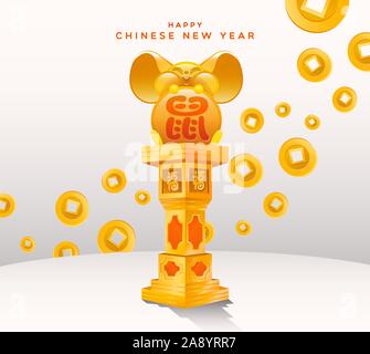 Felice Anno Nuovo Cinese 2020 greeting card illustrazione della cute di topo oro animale con tradizionali asiatici monete e denaro per una buona ricchezza. Golden callig Illustrazione Vettoriale