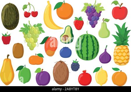 La frutta raccolta: Set di 26 diversi tipi di frutta in stile cartoon illustrazione vettoriale Illustrazione Vettoriale