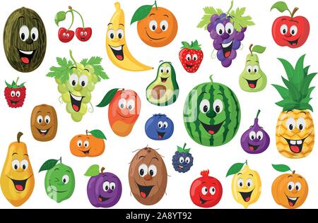 La frutta raccolta di caratteri: Set di 26 diversi tipi di frutta in stile cartoon illustrazione vettoriale Illustrazione Vettoriale