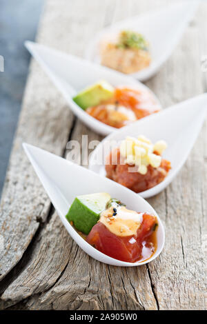 Di ispirazione asiatica morsi di sushi antipasto con tonno e salmone Foto Stock