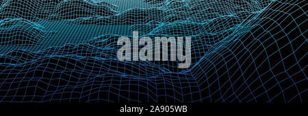 Panorama digitale con le montagne o colline fatte di griglia di linea Illustrazione Vettoriale