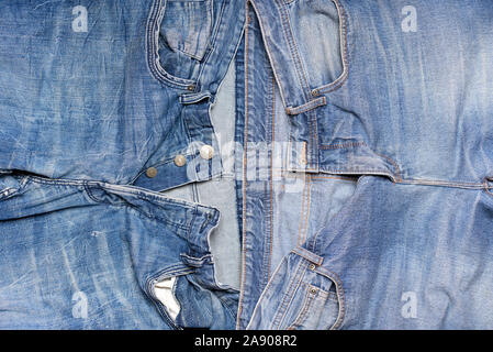 Jeans sfondo, denim con elementi tipici cucitura di fashion design Foto Stock