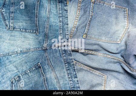 Jeans sfondo, denim con elementi tipici cucitura di fashion design Foto Stock