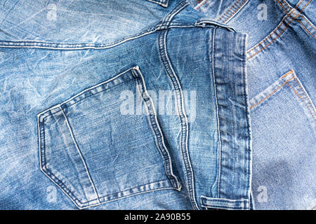 Jeans sfondo, denim con elementi tipici cucitura di fashion design Foto Stock