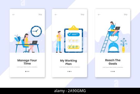 3 il tempo verticale banner di gestione impostato con tempo di lavoro piana di pianificazione stile design illustrazione vettoriale. Piccolo di persone che lavorano sul posto di lavoro con hourgl Illustrazione Vettoriale