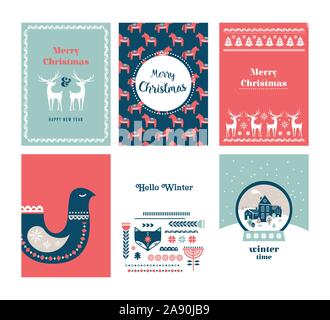 Winter Arte popolare della scheda Messaggi di saluto impostati in scandinavo, stile Nordic. Illustrazione Vettoriale