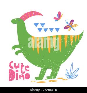 Poster stilizzata con cute di dinosauro e scritte. Illustrazione Vettoriale