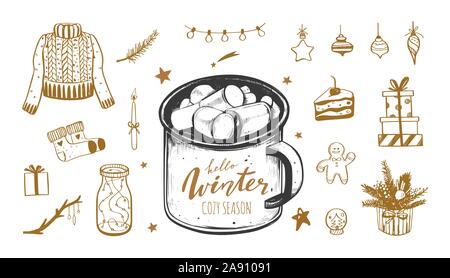 Ciao inverno e Buon Natale vettore disegnati a mano impostato. Nuovo anno di vacanza di ispirazione dell'umore. Accogliente in stile vintage collection. Tazza di cacao, albero di natale Illustrazione Vettoriale
