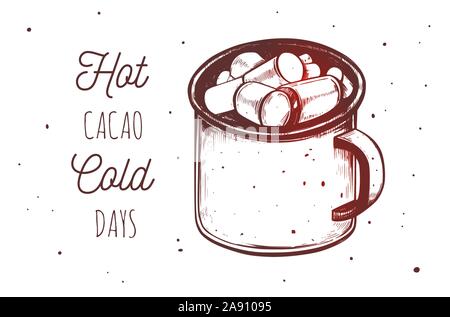 Preventivo di ispirazione con cioccolata calda tazza di cacao con marshmallow. Speciale inverno elemento menu. Vector disegnati a mano, vintage stile retrò Illustrazione Vettoriale