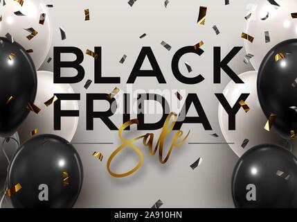 Venerdì nero dello sfondo. Palloncini neri, coriandoli e la tipografia. Illustrazione Vettoriale
