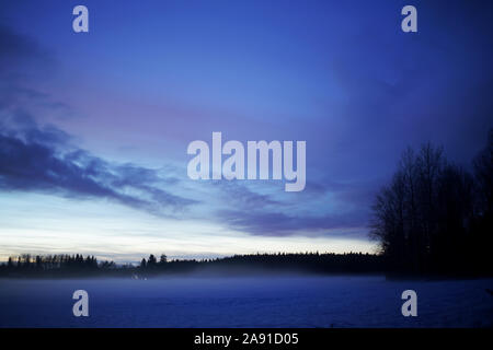 Alba luminosa coperta di neve campi mentre la nebbia è crescente dalla terra fredda e solitaria cabina luci brillare a distanza. Foto Stock