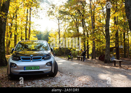 BMW i3 elettrico auto parcheggiate nella foresta accanto al parco giochi in autunno, Soproni-hegyseg, Karoly-magaslat, Sopron, Ungheria Foto Stock