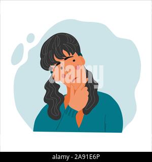 Emotiva ritratto femminile, disegnato a mano stile piatto design concept illustrazione di pensieroso girl, volto femminile e spalle avatar. Vettore Illustrazione Vettoriale