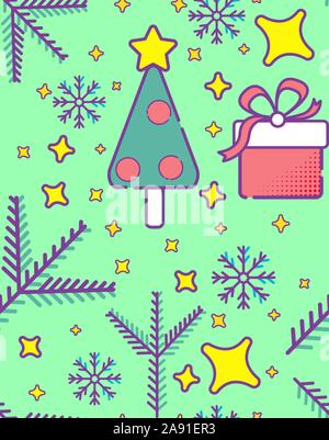 Le decorazioni di Natale vettore outline seamless pattern. Albero di natale ramo, dono con archetto, stelle di fiocchi di neve. Stagione invernale vacanze, Anno Nuovo Illustrazione Vettoriale