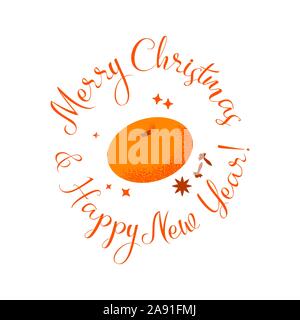 Buon Natale biglietto di auguri con il saluto di scritte e felice anno nuovo. Gustosa succosa tangerine desegn elemento, nella piana di stile di rumore. Illustrazione Vettoriale