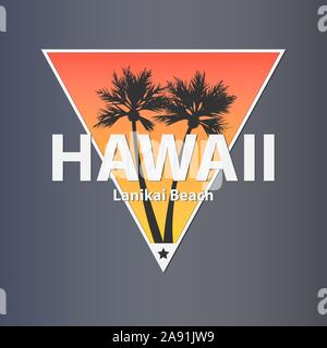 Hawaii estate - illustrazione vettoriale concetto nel retro vintage stile grafico per t-shirt e altri produzione di stampa. Le palme, sun. Triangolo logo badge Illustrazione Vettoriale