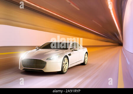 3D rendering di una vettura sportiva in movimento all'interno di un tunnel Foto Stock